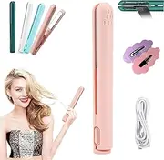 Portrait Mini Dual-Purpose Curling Iron, Ceramic Mini Hair Curler, 2 in 1 Mini Dual-Purpose Curling Iron, USB Rechargeable Curling Wand, Portable Hair Straightener Travel Curling Wand (Pink)