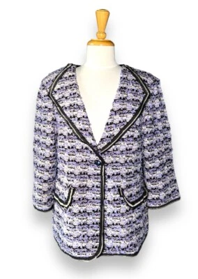 New $1895 ST. JOHN Tweed Boucle Knit w Fringe & Ribbon Blazer Multi Purple sz 12