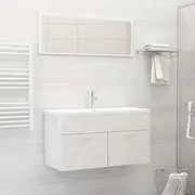 2 Piece High Gloss White Engineered Wood Bathroom Furniture Set with Mirror & Cabinet, Ideal for Storage