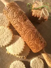 Embossed Dough Roller Floral Textured Rolling Wooden Carved Mold Rolling Pin
