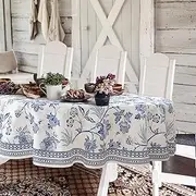 Blue Floral Oval Tablecloth 60x84 Inch, Blue and White French Country Tablecloth, Rustic Floral Polyester Waterproof Tablecloth for Farmhouse Kitchen Decor/Indoor and Outdoor Tables/Parties/Picnics