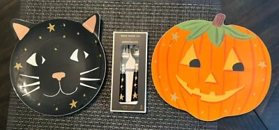 Pottery Barn PLATE UTENSIL Halloween Holiday party Black Cat Pumpkin kid SET o