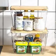 LISNSMY 2 Set Clear Stackable Storage Boxes with Bamboo Wood Lid and Handles, Open Pantry Organizer Bins, 29x18x18 CM, for Bathroom, Cabinet, Kitchen, Fridge, Closet Organization