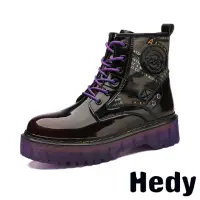 在飛比找momo購物網優惠-【Hedy】厚底馬丁靴 馬丁靴/復古印花帆布拼接亮漆皮厚底潮