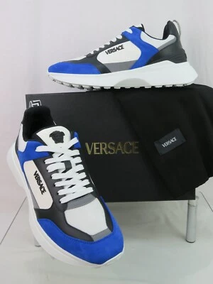 NIB VERSACE BLUE WHITE LEATHER MEDUSA HEAD LOW TOP PLATFORM SNEAKERS 45 12 ITALY
