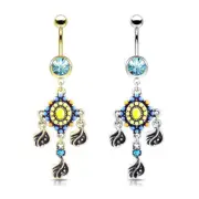Navel Rings with Tribal Bead Paved with Filigree and Crystal Dangle 14g