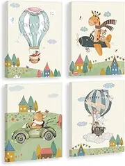 KAIRNE Set of 4 Posters for Children's Room, Animals Wall Picture with Frame (20 x 25 cm), Aeroplane Hot Air Balloon Pictures, Wall Pictures for Baby Room Decoration, Boys, Girls, Jungle, Safari Animals Wall Pictures