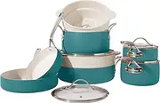 Bloomhouse - Oprah's Favorite Things - 12 Piece Aluminum Pots and Pans Cookware Set w/Non-Toxic Ceramic Non-Stick, Ceramic Steamer Insert, & 12 Protective Care Bags - Agave Blue