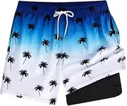[Shukqueen] Men's Swim Trunks with Compression Liner 2 in 1 Quick Dry Swimming Shorts Stretch with Zip Pocket Beach Shorts Grey White Black Gradient