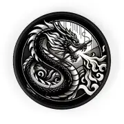Home Decor Wall Clock Fire-Breathing Dragon Art Deco Elegance Black White
