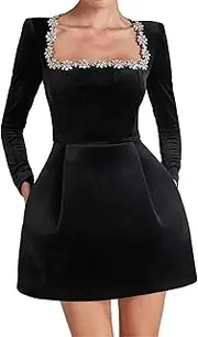 [Recious] Womens Sexy Long Sleeve 3D Rhinestones Flowers Bodycon Party Clubwear Mini Dress