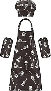 AIXIWAWA Kids Apron Chef Hat Set, Child Kitchen Bib Aprons Adjustable for Cooking Baking Painting (White Guitar)
