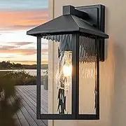 FTL Outdoor Wall Lights Fixture, E27 Exterior Wall Lighting, Modern Outside Porch Light with Water-Rippled Glass, IP44 Waterproof Outdoor Wall Sconce Lamps for Patio, House, Garage, Matte Black