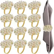 DJAPWPX 12Pcs Napkin Ring Pearl Flower Napkin Rings Holder Bling Rhinestone Cloth Napkin Ring Hollow Out Napkin Buckle Gold Round Napkin Holder Serviette Napkin Ring for Banquet Party Décor
