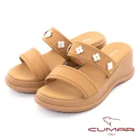 在飛比找Yahoo奇摩購物中心優惠-【CUMAR】一字花朵裝飾楔型厚底涼拖鞋-棕色