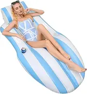Chamgeco Inflatable Pool Lounger Float Adult, Tanning Pool Lounger Float with Cup Holders Water Pool Chair Floats with Headrest, Summer Beach Floaties Cool Pool Party Toys(Blue+White)