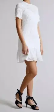 TED BAKER Tildra White Shirred Fit and Flair Mini Dress Womens Sz Ted 2 US 6
