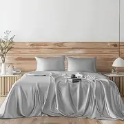 Candoury Satin Silk Sheets Single Sheets Set 3 Pcs, Soft and Durable Pillowcase, Flat Sheet and Fitted Sheet, Hotel Luxury Bed Sheets Set(Single, Silver Grey)