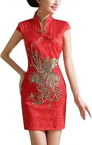 [Abaodam] Traditional Chinese Women Wedding Cheongsam Shanghai Story Chinese Dress Satin Qipao for Women Size XXL (Red)
