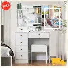 Makeup Vanity Desk w/ Mirror and Lights Dressing Table with 6 Drawers Stool Set