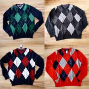 Tommy Hilfiger Men's Argyle V-Neck Sweater Cable Knit Long Sleeve