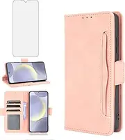 Compatible with Samsung Galaxy S24 Plus S24+ 5G Wallet Case and Tempered Glass Screen Protector Card Holder Stand Leather Flip Cell Phone Cover for S24plus 24S + S 24 24+ Women Men Rose Gold