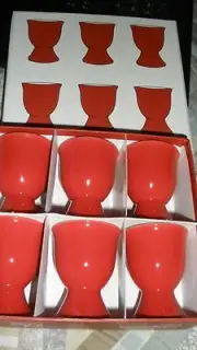 HTF BIA Cordon Bleu Poppy Collection Set/6 Ceramic Egg Cups-Red/White-MIOB