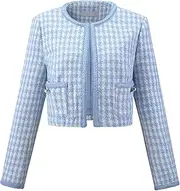 [Hobemty] Women's Houndstooth Blazer Collarless Open Front Crop Plaid Tweed Jacket