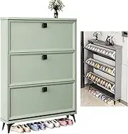 Slim Freestanding Entryway Shoe Rack, Hidden Organizer - Wooden Narrow Cabinet, Tipping Bucket - Green