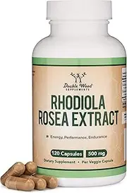 Rhodiola Rosea Supplement 500mg, 120 Vegan Capsules (Made and Tested in The USA, 3% Salidrosides, 1% Rosavins Extract) Natural Stress Level Support Pills by Double Wood Supplements