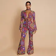 Retro Vintage 1970s Groovy Tie Front Flared Pants Set Hippie Disco Paisley Tribal Women's Halloween Carnival Vacation Music Festival Festival Adults' Top Pants