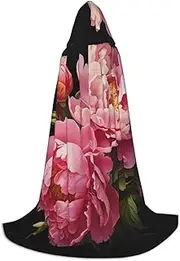 SKKNT Peony Print Halloween Hooded Cloak Full Length Cape With Hood For Men And Women For Carnival