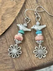 Sweet Silver Bird Dangle Earrings. Nature. Spring. Love Dove. Turquoise. Bloom