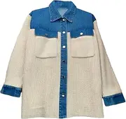 [Generic] Jean Jackets For Women French Long Sleeved Contrasting Denim Knit Patchwork Lapel Shirt Jacket For Women