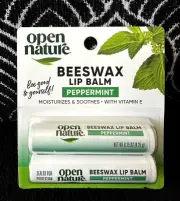2pk OPEN NATURE BEESWAX PEPPERMINT LIP BALM VITAMIN E SOOTHES DRY LIPS CHAPSTICK