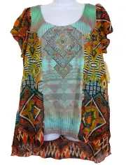 NEW ONE WORLD Flutter Sparkles Top Plus 1X Lined Aztec Print Aqua Copper Shirt