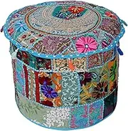 Indian Cotton Patchwork Embroidered 18" Pouf Ottoman Cover Round Turquoise Floral Ottoman Furniture 45cm Footstool Floor Cushion Cover Ethnic Decor