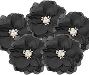 uxcell 3.15 Inch Chiffon Flowers, 5 Pcs Fabric Flowers Rhinestone Pearl Large Camellia Sewing Appliques for DIY Crafts Dresses Clothing Headbands Wedding Party Decoration, Black