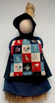 Amish Made Wall Hanging Straw Broom With Faceless Cloth Doll 12”