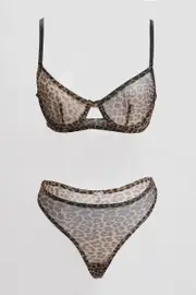 Brown Animal Print Mesh Lingerie Set - Size S, Women's Lingerie