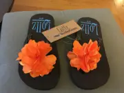 KIDS Girls FLIP FLOPS SANDAL Arch Support Lightweight Brown 9/10 Orange Flowers