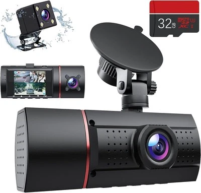 3 Channel Dash Cam Front and Rear Inside, 1080P Dash Camera for Cars with SD ...
