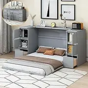YOPTO Full Size Murphy Bed Cabinet with Drawers & USB Ports,Folding Wall Bed Frame W/High Stool and Ample Storage,Space-Saving Hidden Platform Bed for Bedroom,Guest Room,Home,Office,Gray