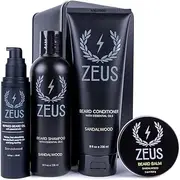 ZEUS Everyday Beard Care Kit - Shampoo & Conditioner Wash, Refined Oil & Balm (Made in USA) Sandalwood