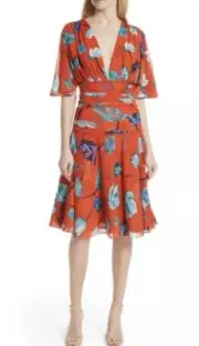 NWT DIANE von FURSTENBERG Asher Vermillion Floral Print Mesh Cinched Dress S