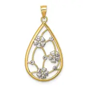 14k Yellow & Rhodium Gold w/ White Rhodium Flowers In Teardrop Frame Charm