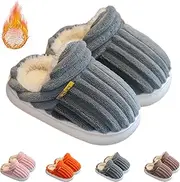 [Generic] Pluffi Slipper Booties Kids, Winter Thick Plush Warm Anti-Slip Cloud Slides, Striped Heeled Ankle Sandals Shoes