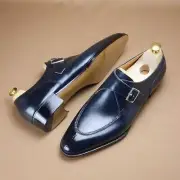 New Handmade Men's Navy Blue Leather Single Buckle Monk Strap Formal Dress Shoes