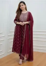 New Women Beautiful Rayon Fabric printed Naira cut kurta with paint dupatta set