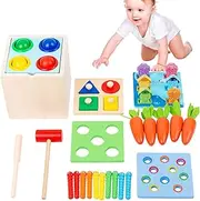 5 in 1 Wooden Montessori Toys, Multifunctional Coin Drop Toys for Playing and Learning, Colorful Early Educational Carrot Harvest Toys Shape Sorting Games for Toddlers Over 1 Year